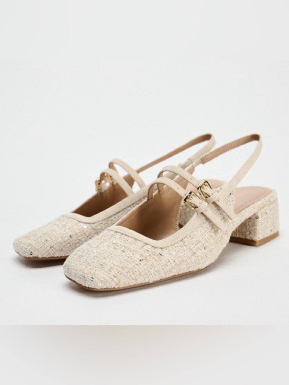Zara Tweed Marry Jane Double Strap Slingback Block Heels 40/9